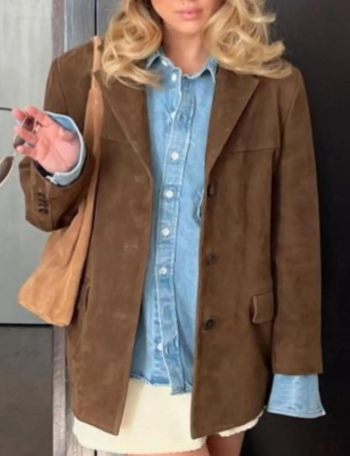 Perbai Women's Vintage Faux Suede Blazer Jacket Notched Lapel Single Breasted Suede Leather Barn Suit Jacket