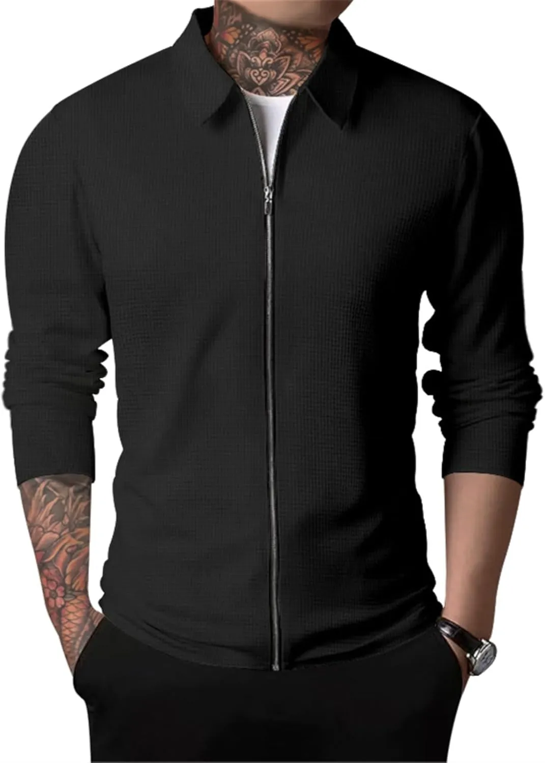 PICKLION Men Casual Cardigan Sweaters Laydown Collar Zipper Closure Solid Color Long Sleeve Waffle Jackets