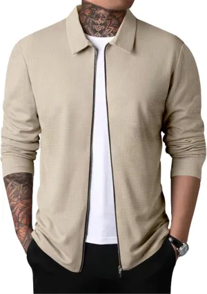 PICKLION Men Casual Cardigan Sweaters Laydown Collar Zipper Closure Solid Color Long Sleeve Waffle Jackets