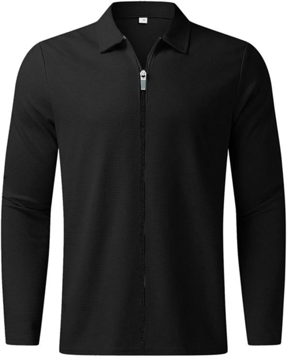 PICKLION Men Casual Cardigan Sweaters Laydown Collar Zipper Closure Solid Color Long Sleeve Waffle Jackets