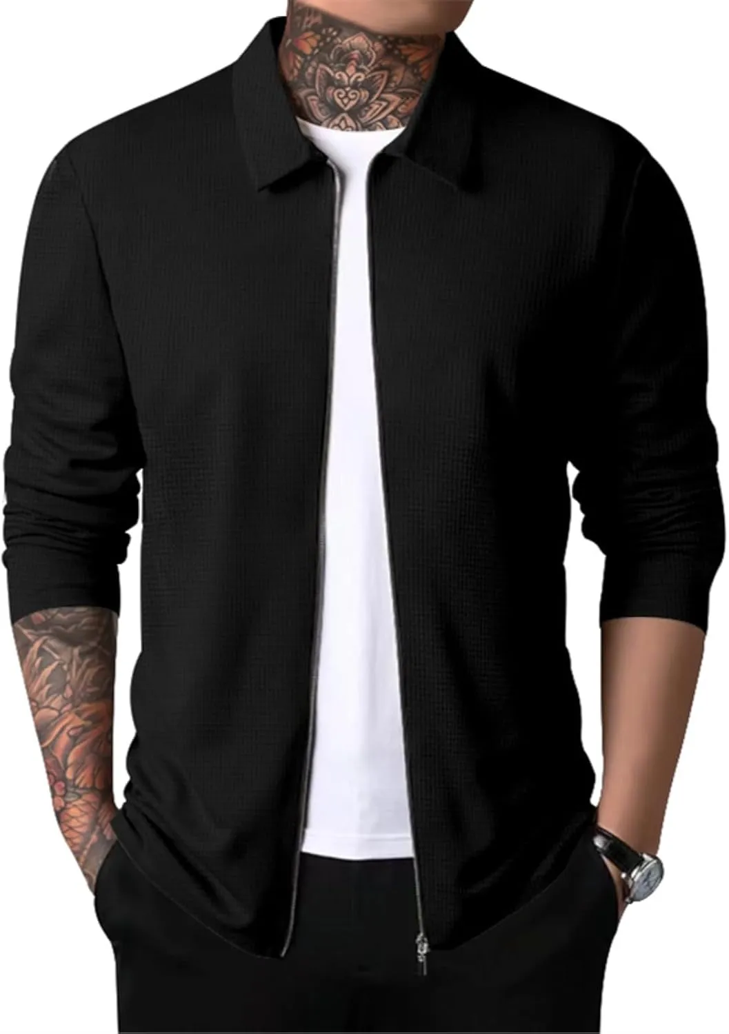 PICKLION Men Casual Cardigan Sweaters Laydown Collar Zipper Closure Solid Color Long Sleeve Waffle Jackets