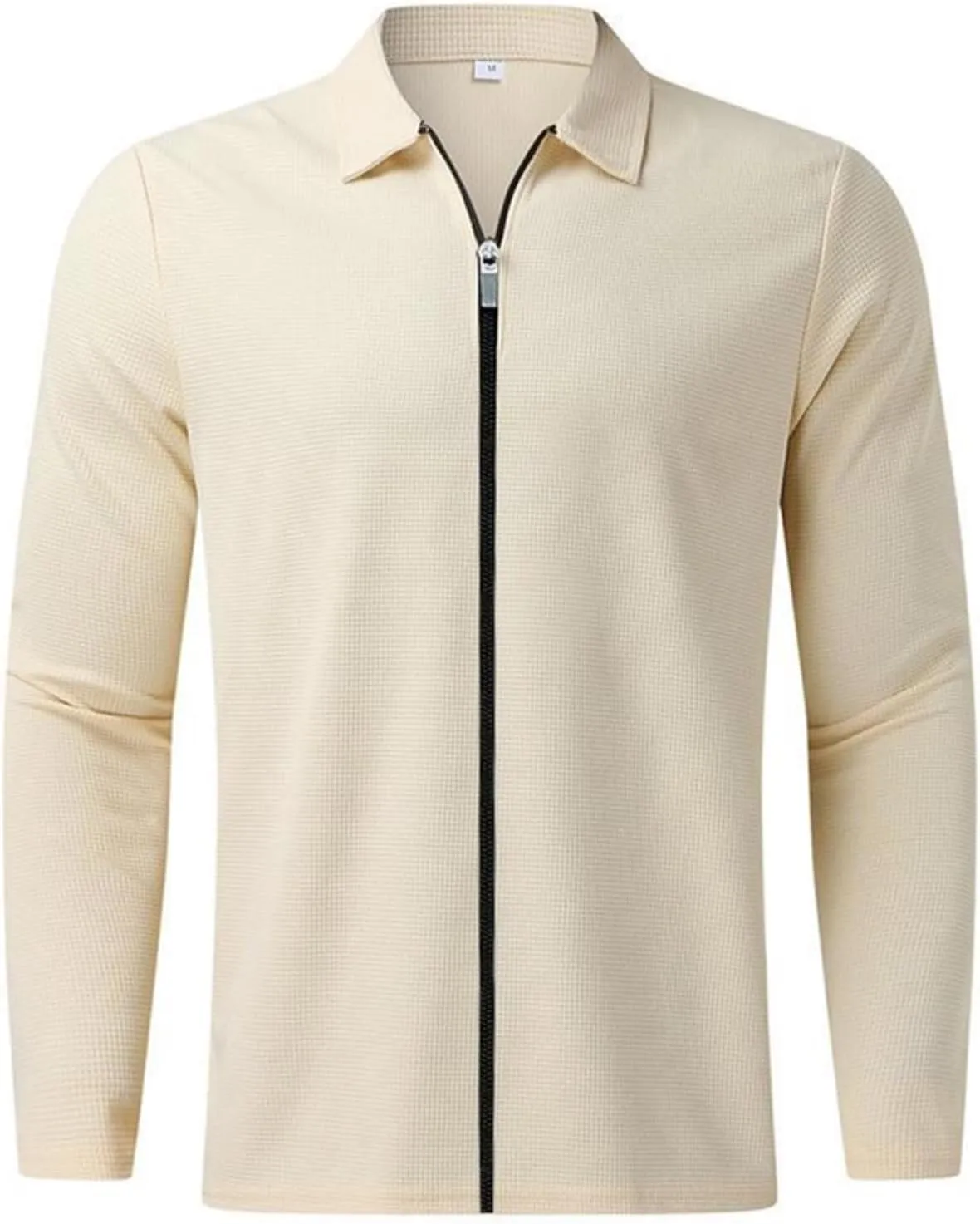 PICKLION Men Casual Cardigan Sweaters Laydown Collar Zipper Closure Solid Color Long Sleeve Waffle Jackets