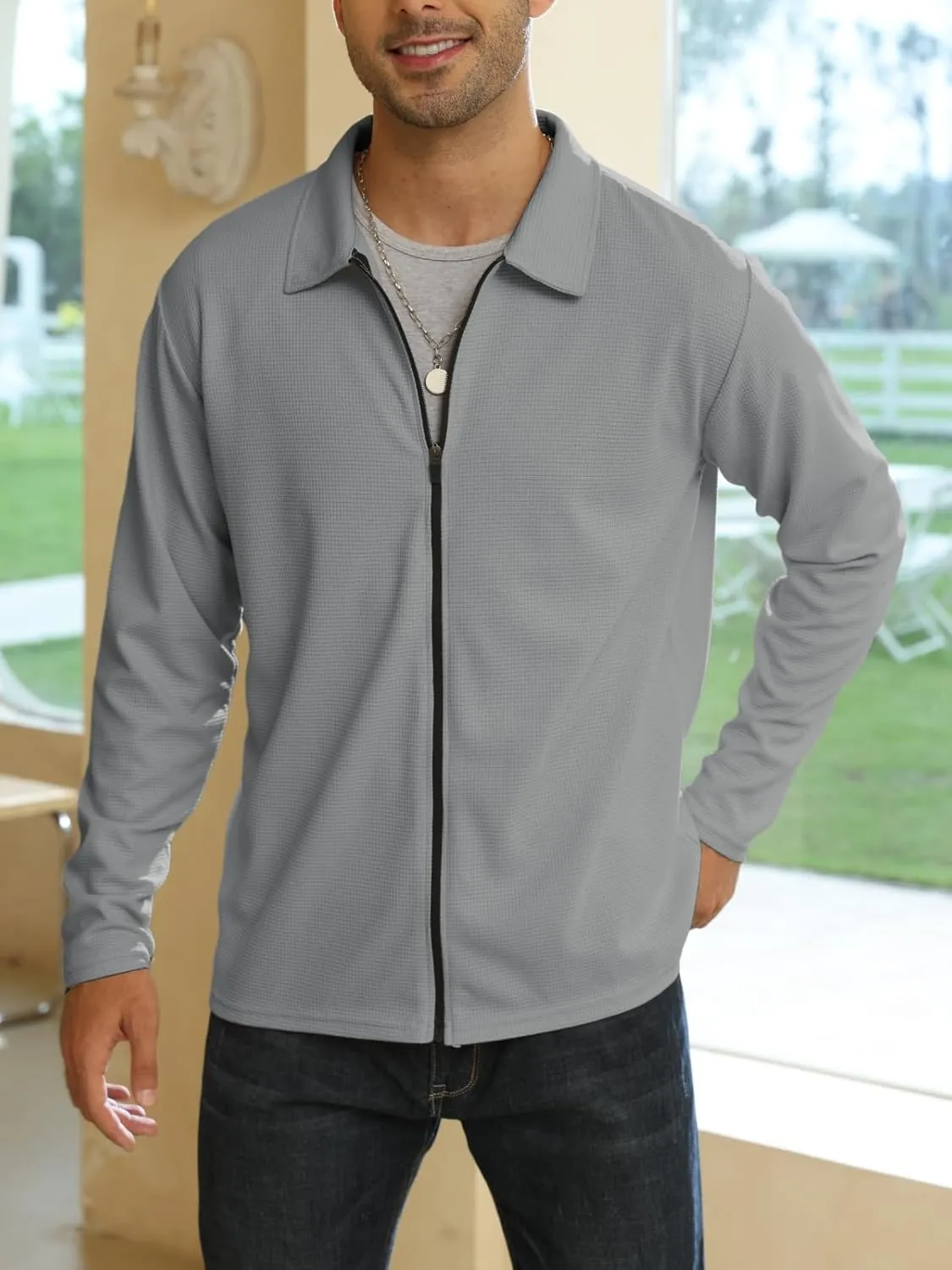 PICKLION Men Casual Cardigan Sweaters Laydown Collar Zipper Closure Solid Color Long Sleeve Waffle Jackets
