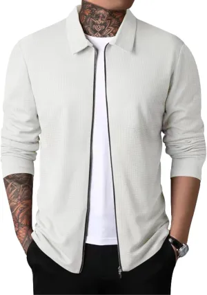 PICKLION Men Casual Cardigan Sweaters Laydown Collar Zipper Closure Solid Color Long Sleeve Waffle Jackets