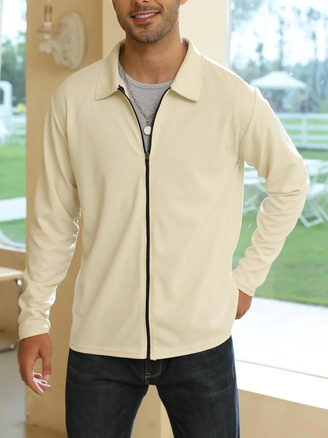 PICKLION Men Casual Cardigan Sweaters Laydown Collar Zipper Closure Solid Color Long Sleeve Waffle Jackets