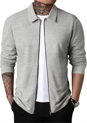 PICKLION Men Casual Cardigan Sweaters Laydown Collar Zipper Closure Solid Color Long Sleeve Waffle Jackets