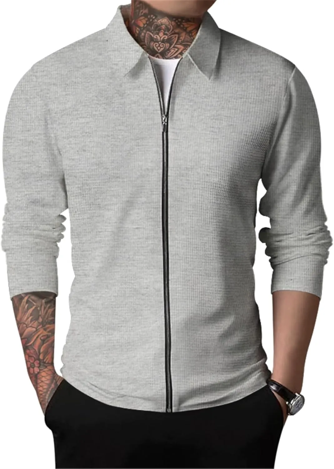 PICKLION Men Casual Cardigan Sweaters Laydown Collar Zipper Closure Solid Color Long Sleeve Waffle Jackets