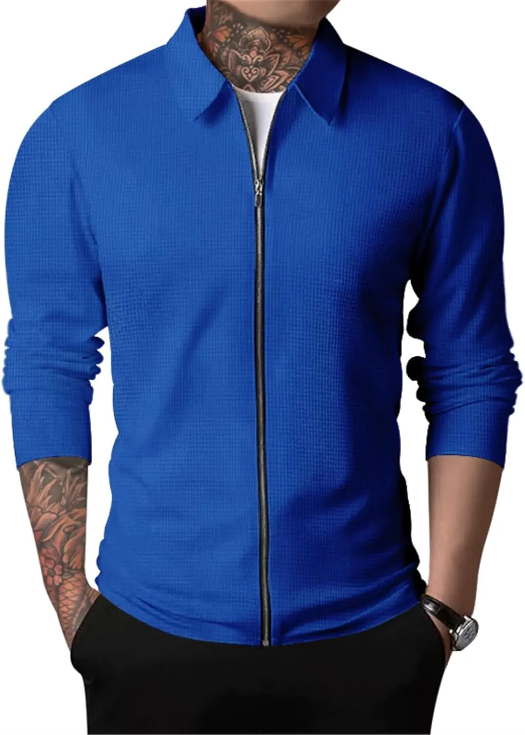 PICKLION Men Casual Cardigan Sweaters Laydown Collar Zipper Closure Solid Color Long Sleeve Waffle Jackets