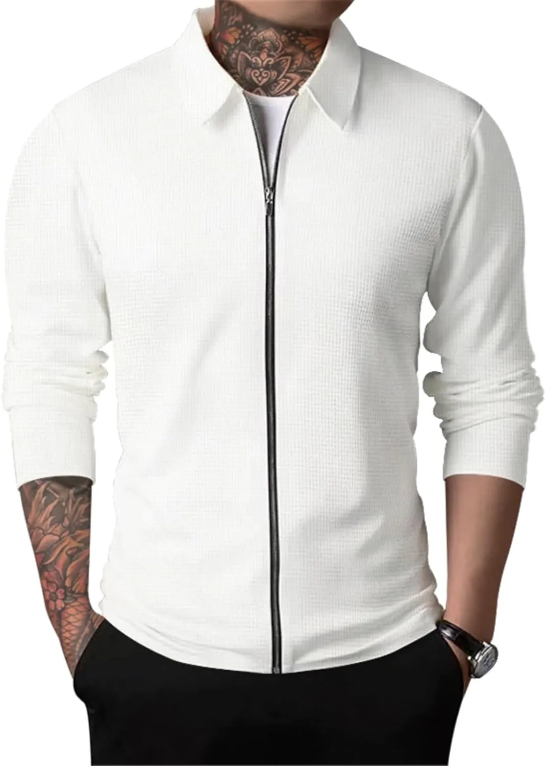 PICKLION Men Casual Cardigan Sweaters Laydown Collar Zipper Closure Solid Color Long Sleeve Waffle Jackets