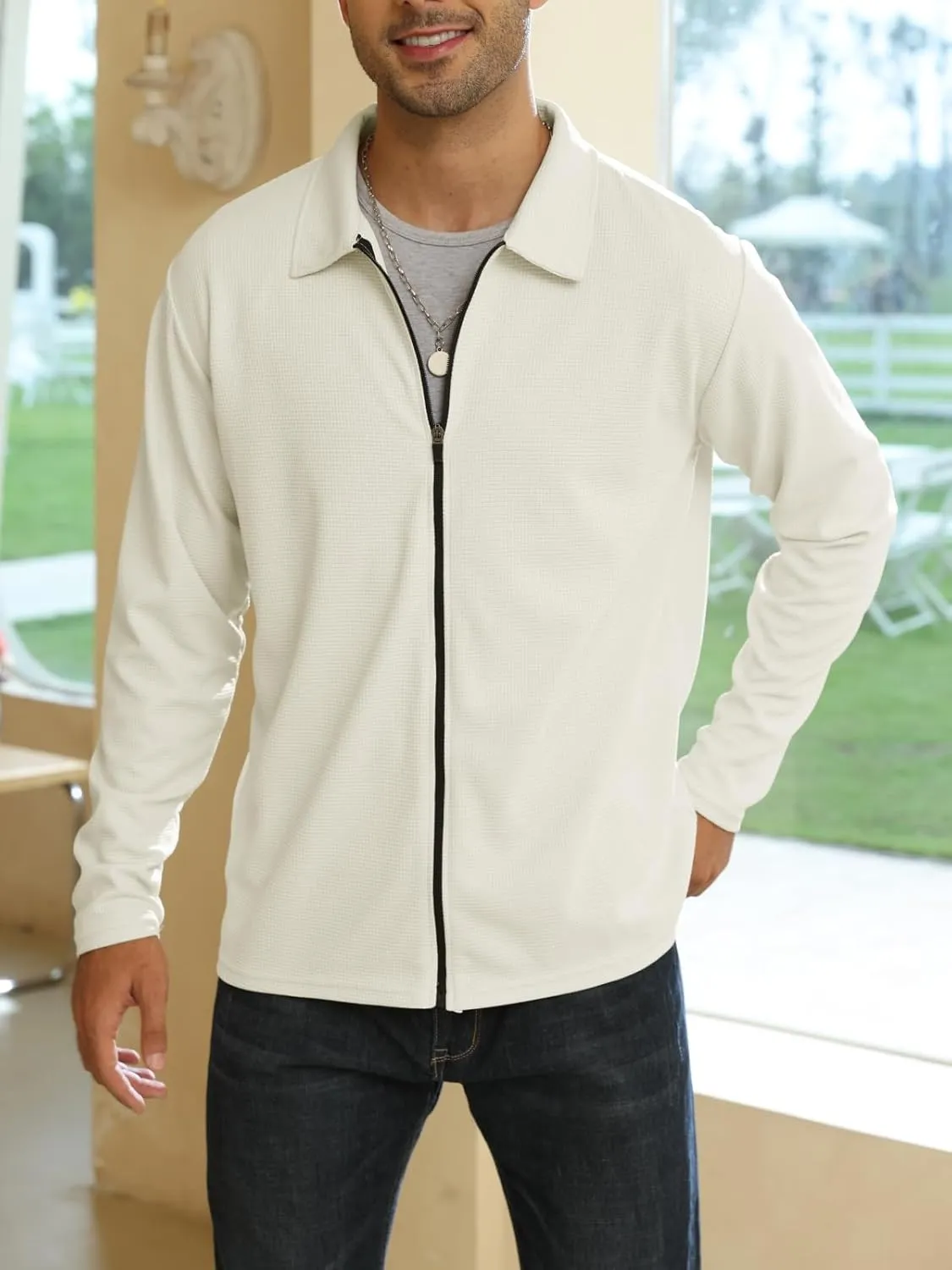 PICKLION Men Casual Cardigan Sweaters Laydown Collar Zipper Closure Solid Color Long Sleeve Waffle Jackets