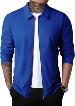 PICKLION Men Casual Cardigan Sweaters Laydown Collar Zipper Closure Solid Color Long Sleeve Waffle Jackets