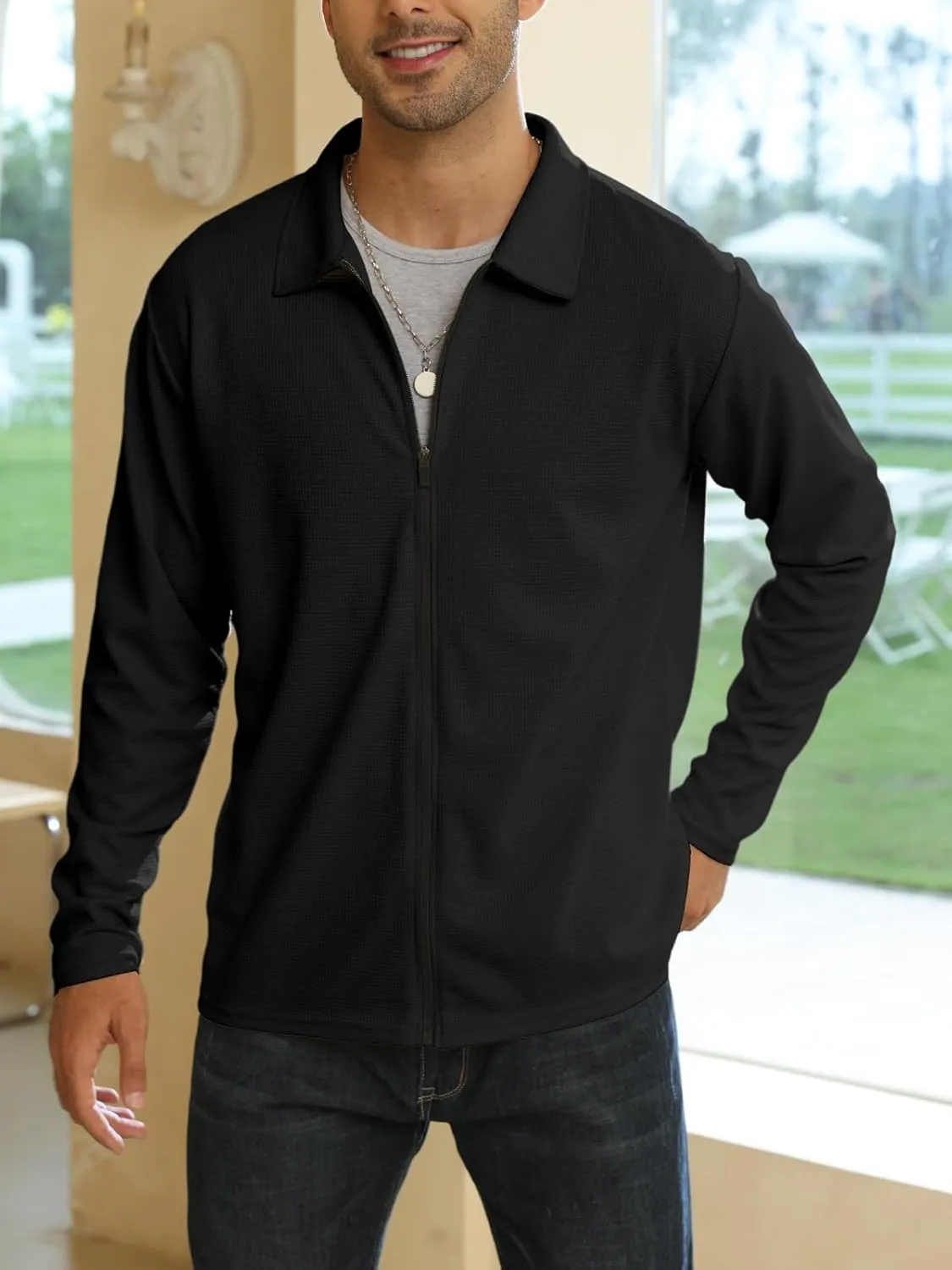 PICKLION Men Casual Cardigan Sweaters Laydown Collar Zipper Closure Solid Color Long Sleeve Waffle Jackets