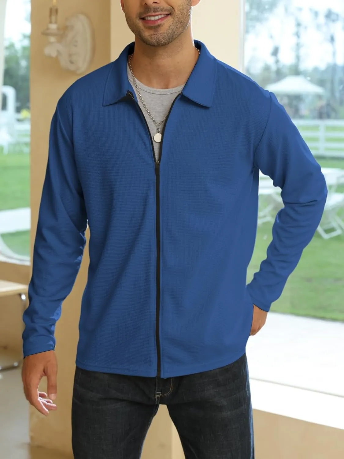 PICKLION Men Casual Cardigan Sweaters Laydown Collar Zipper Closure Solid Color Long Sleeve Waffle Jackets