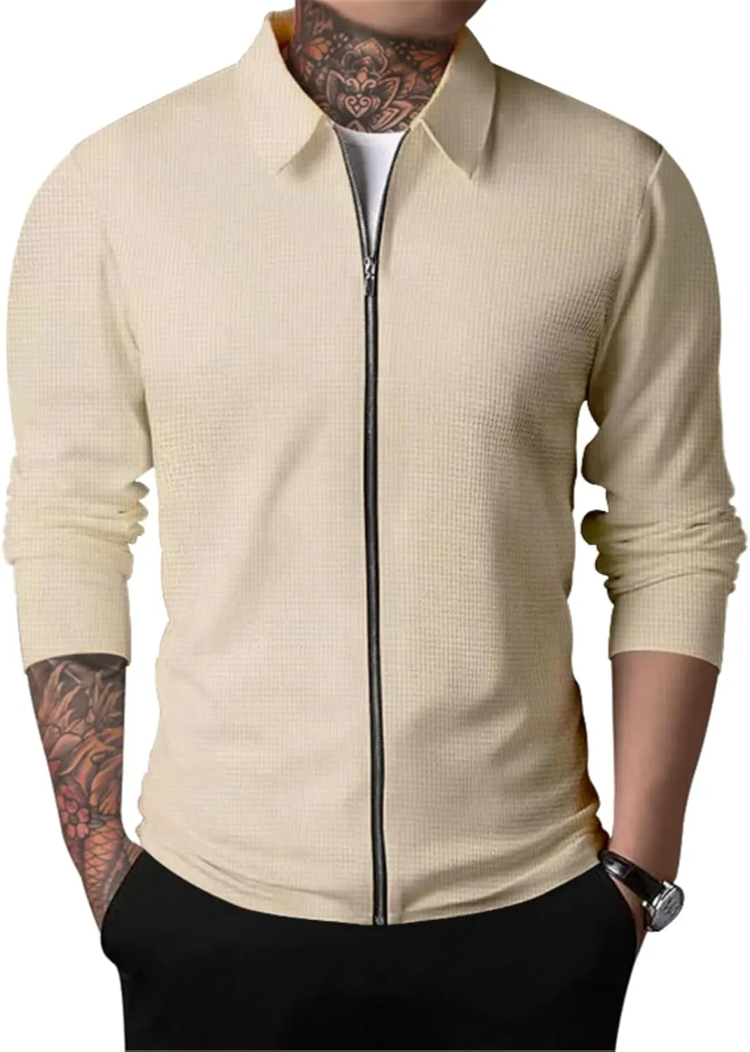 PICKLION Men Casual Cardigan Sweaters Laydown Collar Zipper Closure Solid Color Long Sleeve Waffle Jackets