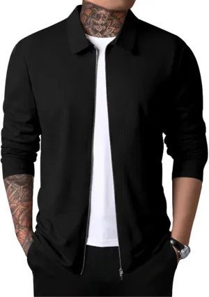 PICKLION Men Casual Cardigan Sweaters Laydown Collar Zipper Closure Solid Color Long Sleeve Waffle Jackets