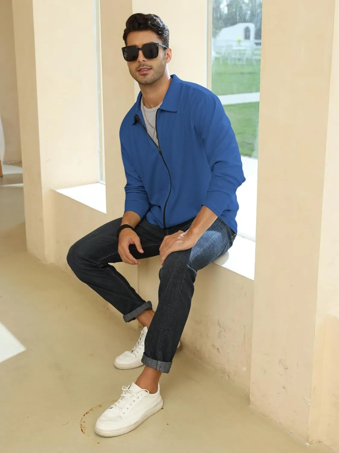 PICKLION Men Casual Cardigan Sweaters Laydown Collar Zipper Closure Solid Color Long Sleeve Waffle Jackets