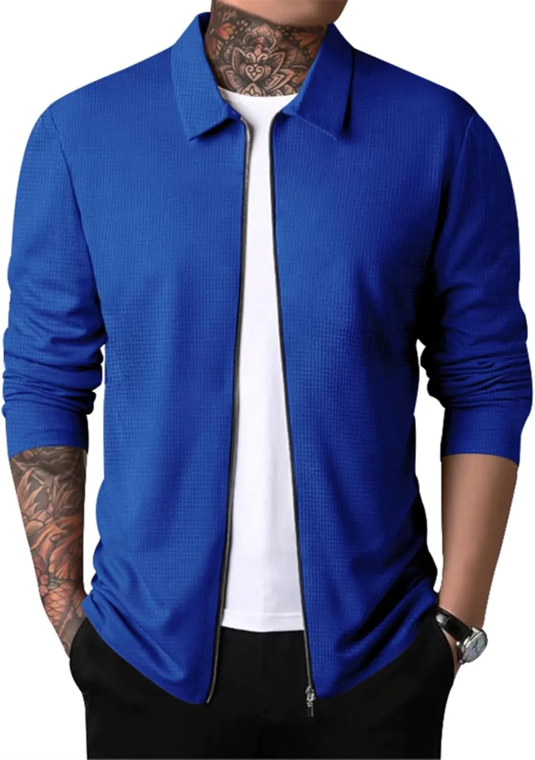 PICKLION Men Casual Cardigan Sweaters Laydown Collar Zipper Closure Solid Color Long Sleeve Waffle Jackets