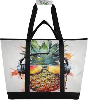 Pineapple White Tote Bag for Women with Zipper Reusable Grocery Bags Foldable Insulated Cooler Bag Totes Handbags Shopping Bags for Groceries Travel Picnic Beach Work