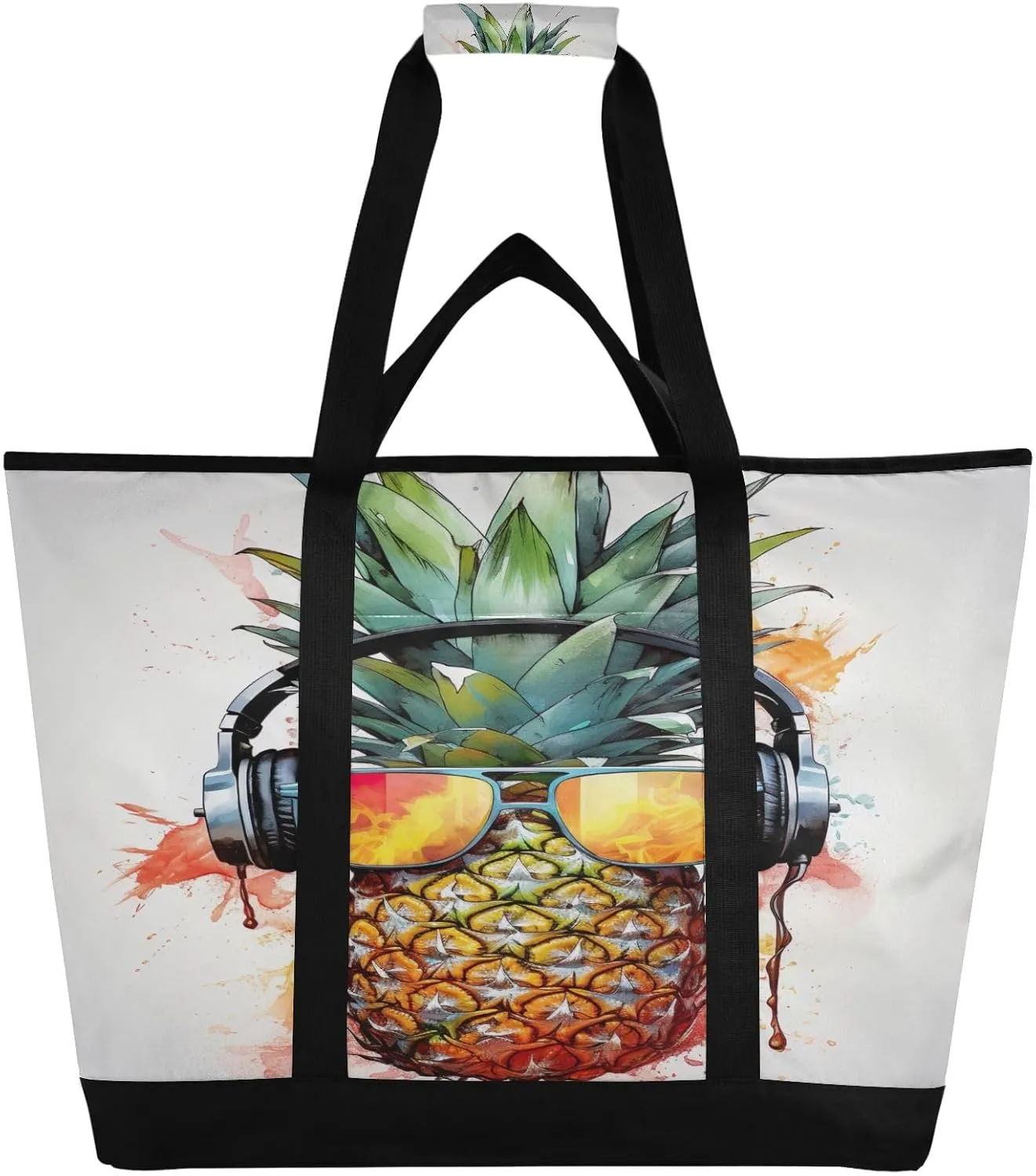 Pineapple White Tote Bag for Women with Zipper Reusable Grocery Bags Foldable Insulated Cooler Bag Totes Handbags Shopping Bags for Groceries Travel Picnic Beach Work