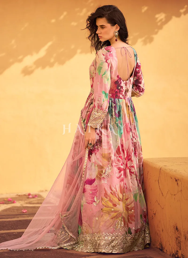 Pink Embroidered Floral Anarkali Dress