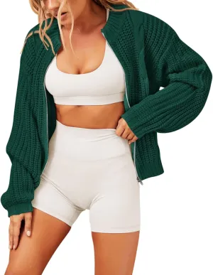 Pink Queen 2024 Fall Casual Cardigan Sweaters for Women Long Sleeve Full Zipper Chunky Knit Cardigans Jacket Coat