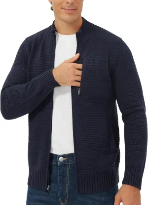 Pioneer Camp Men's Full Zip Up Cardigan Sweater Stand Collar Regular Fit Chest Pocket Knit Sweaters Casual 3 Pockets