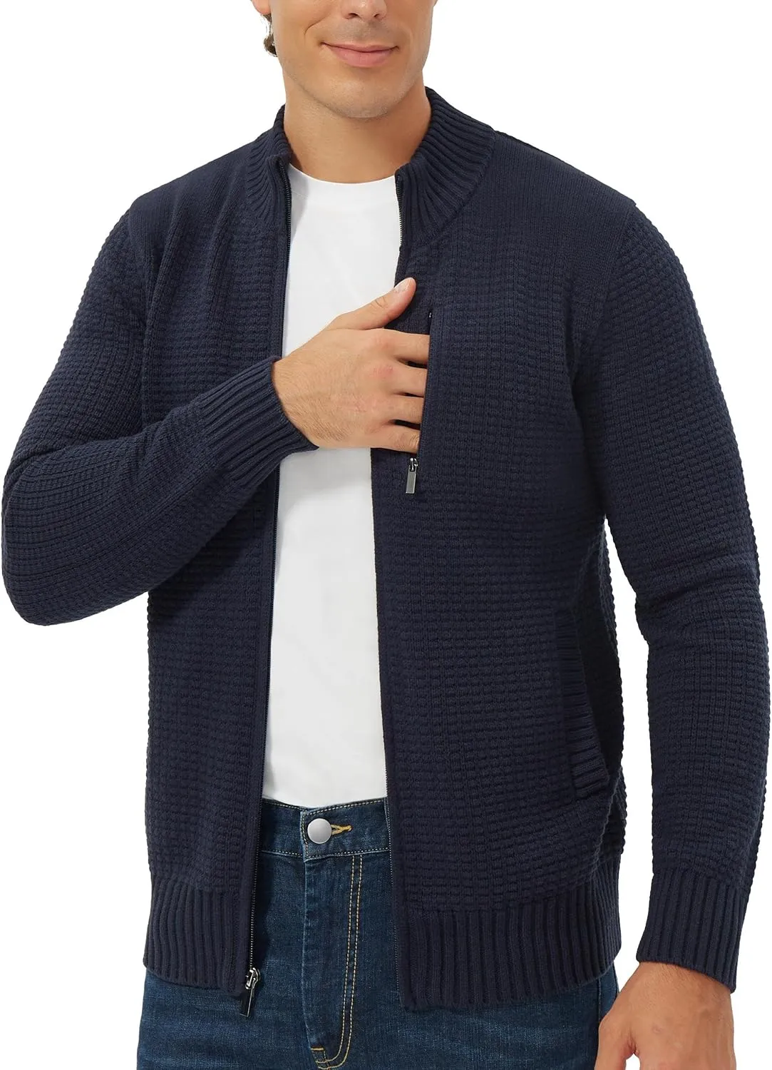 Pioneer Camp Men's Full Zip Up Cardigan Sweater Stand Collar Regular Fit Chest Pocket Knit Sweaters Casual 3 Pockets