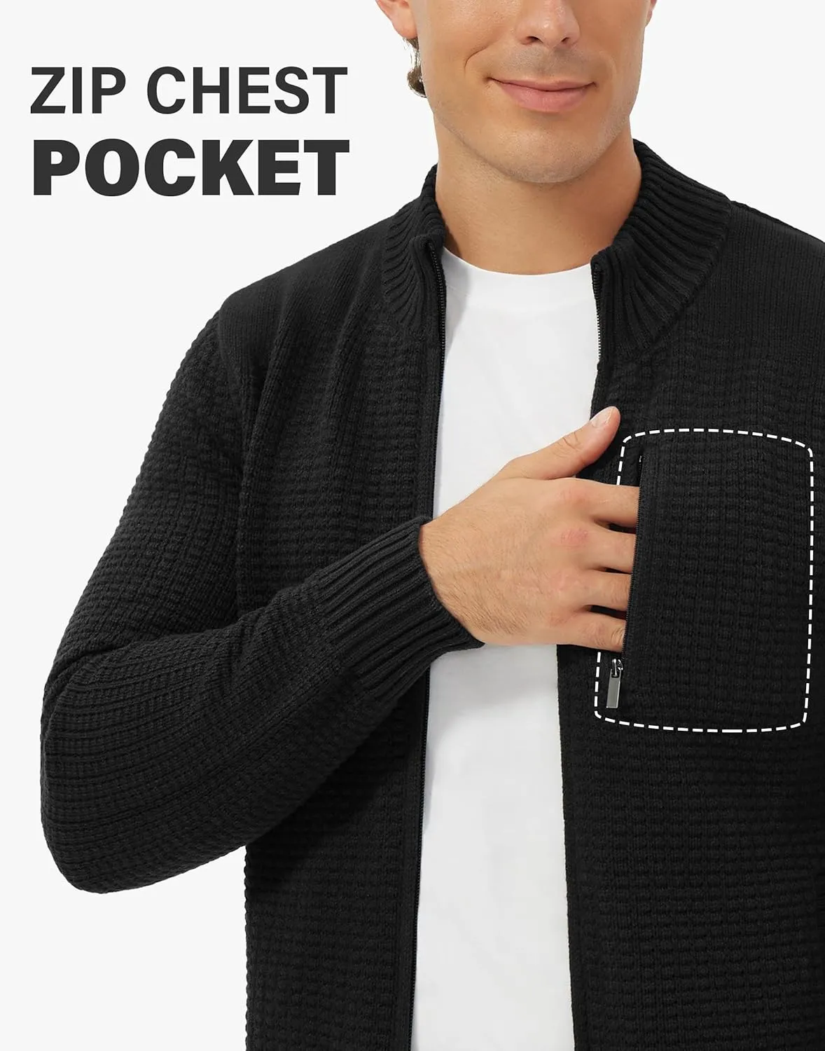 Pioneer Camp Men's Full Zip Up Cardigan Sweater Stand Collar Regular Fit Chest Pocket Knit Sweaters Casual 3 Pockets