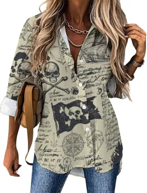 Pirate Ship Skull Treasure Map Women's Button Down Shirts Casual Long Sleeve Stylish V Neck Blouses Tops