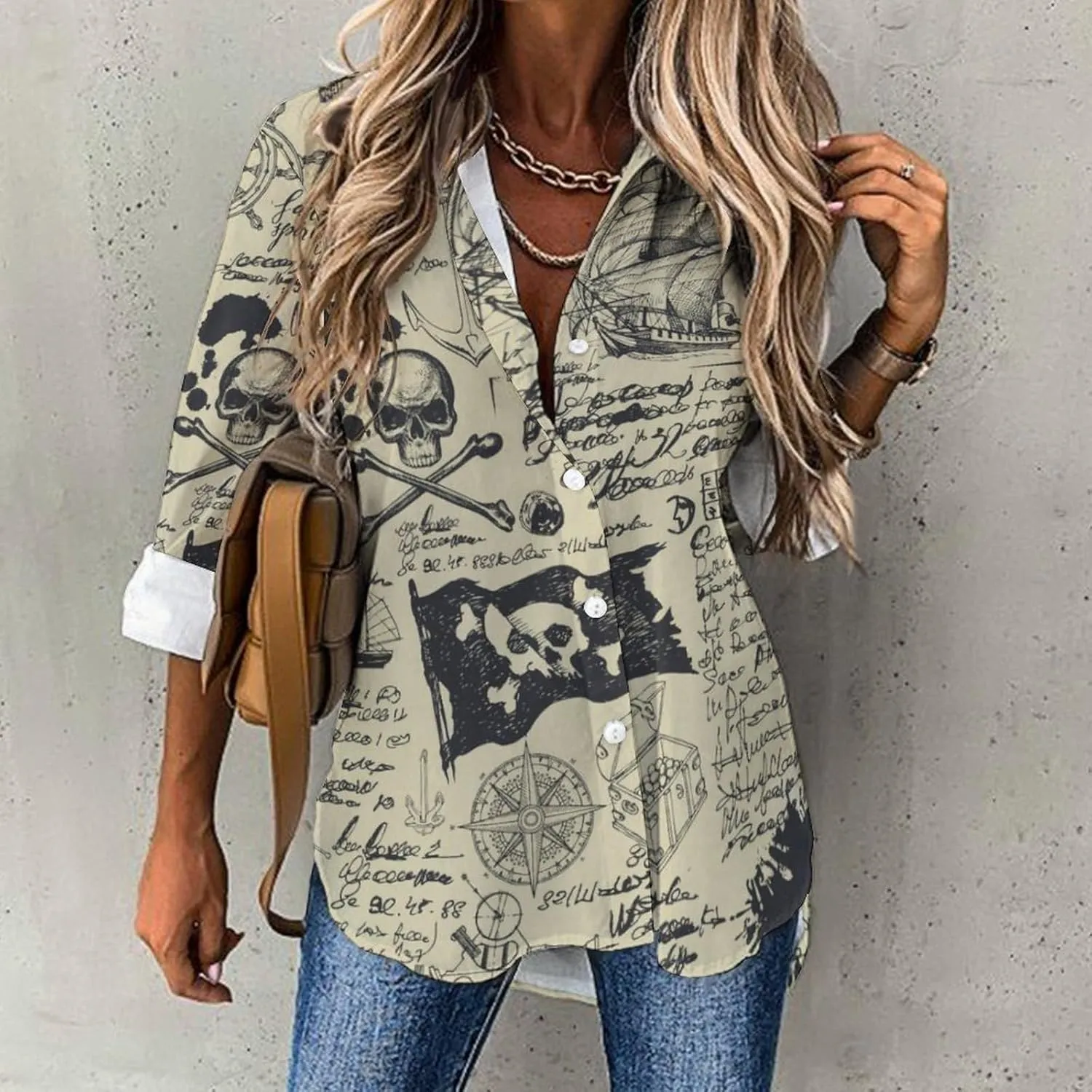 Pirate Ship Skull Treasure Map Women's Button Down Shirts Casual Long Sleeve Stylish V Neck Blouses Tops