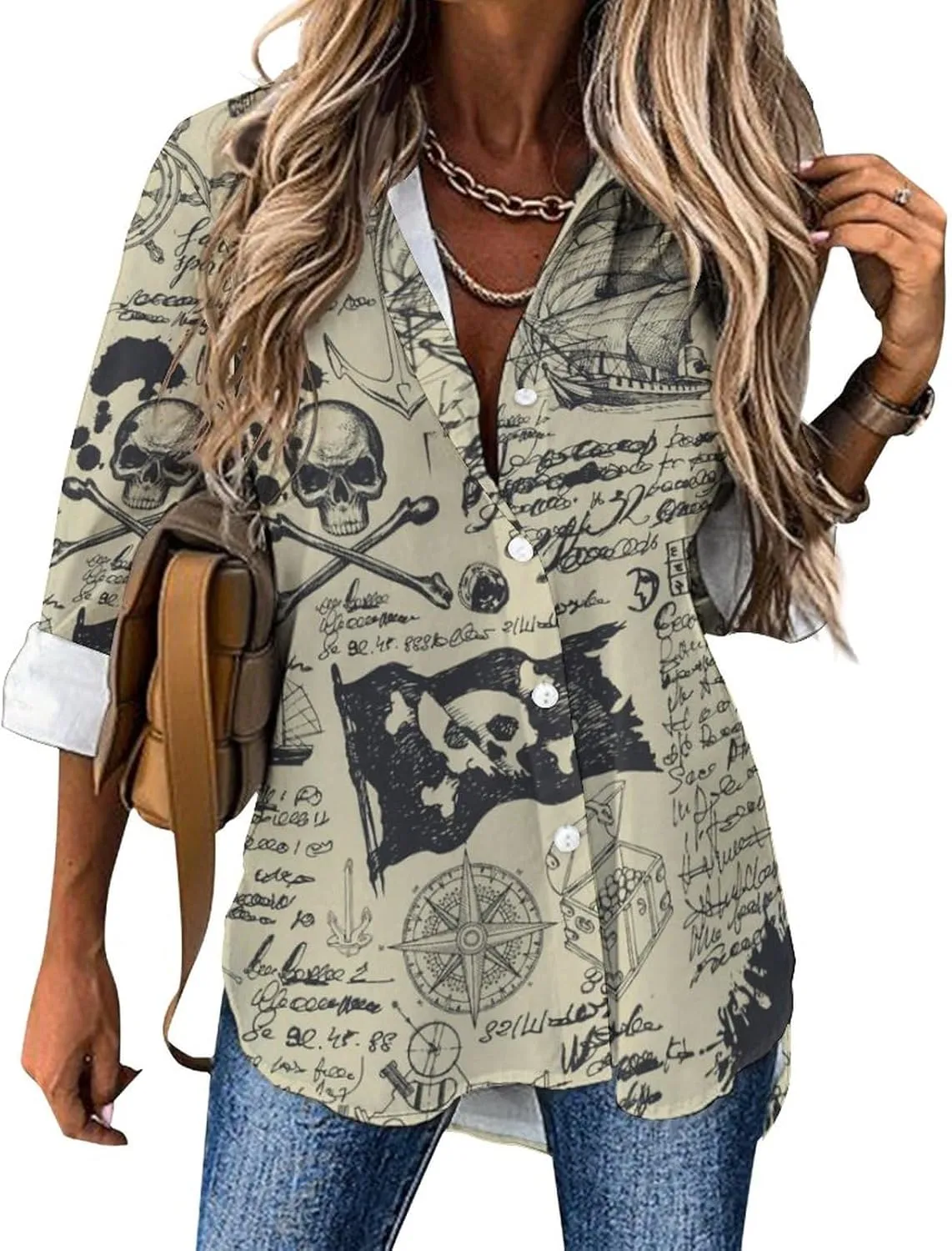 Pirate Ship Skull Treasure Map Women's Button Down Shirts Casual Long Sleeve Stylish V Neck Blouses Tops