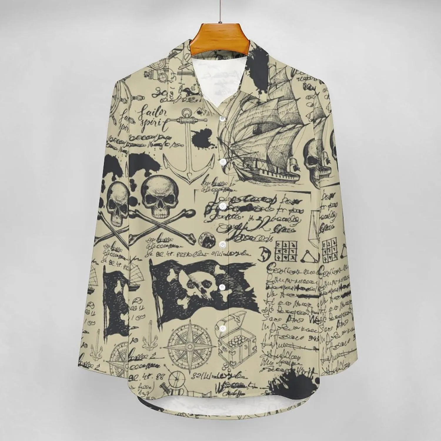 Pirate Ship Skull Treasure Map Women's Button Down Shirts Casual Long Sleeve Stylish V Neck Blouses Tops