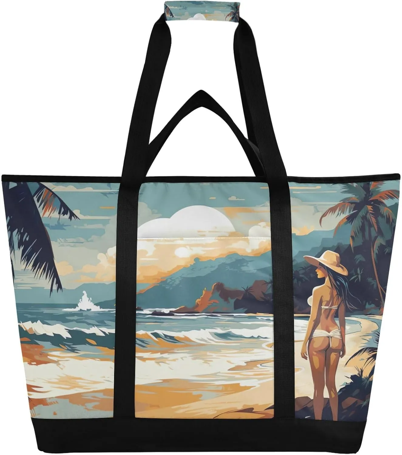 Plam Beach Tote Bag for Women with Zipper Reusable Grocery Bags Foldable Insulated Cooler Bag Shopping Bags Handbags Totes for Groceries Travel Beach Work Picnic