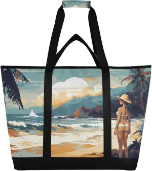 Plam Beach Tote Bag for Women with Zipper Reusable Grocery Bags Foldable Insulated Cooler Bag Shopping Bags Handbags Totes for Groceries Travel Beach Work Picnic