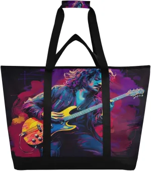 Playing Guitar Tote Bag for Women with Zipper Reusable Grocery Bags Foldable Insulated Cooler Bag Totes Shopping Bags Handbags for Groceries Beach Travel Work Picnic