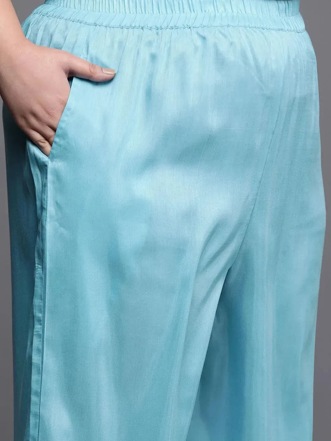 Plus Size Blue Woven Design Silk Blend Straight Kurta With Palazzos & Dupatta