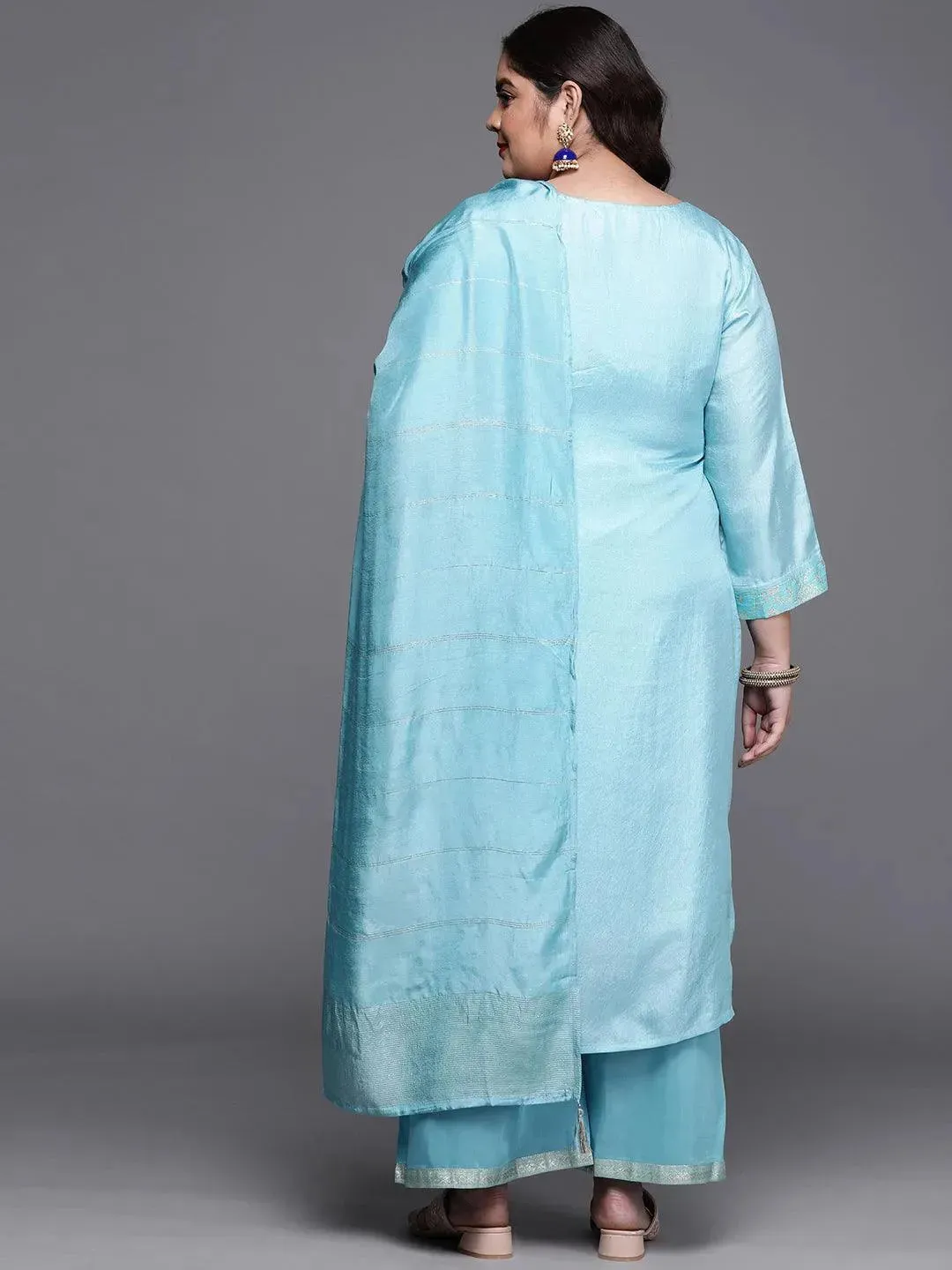 Plus Size Blue Woven Design Silk Blend Straight Kurta With Palazzos & Dupatta