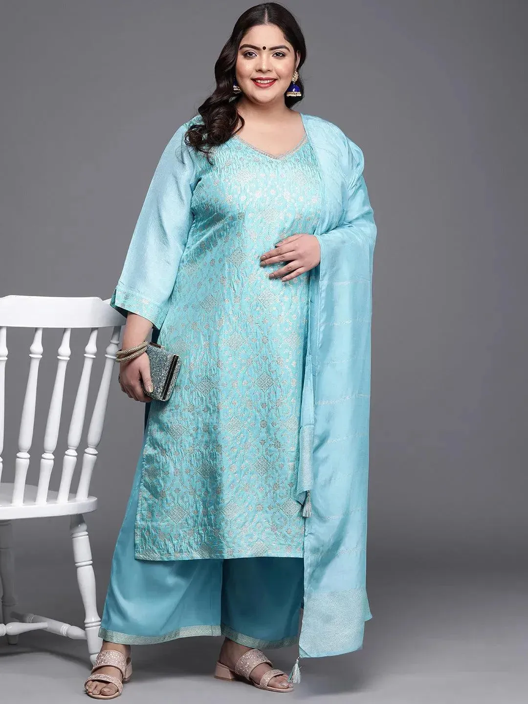 Plus Size Blue Woven Design Silk Blend Straight Kurta With Palazzos & Dupatta