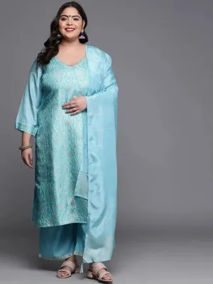 Plus Size Blue Woven Design Silk Blend Straight Kurta With Palazzos & Dupatta