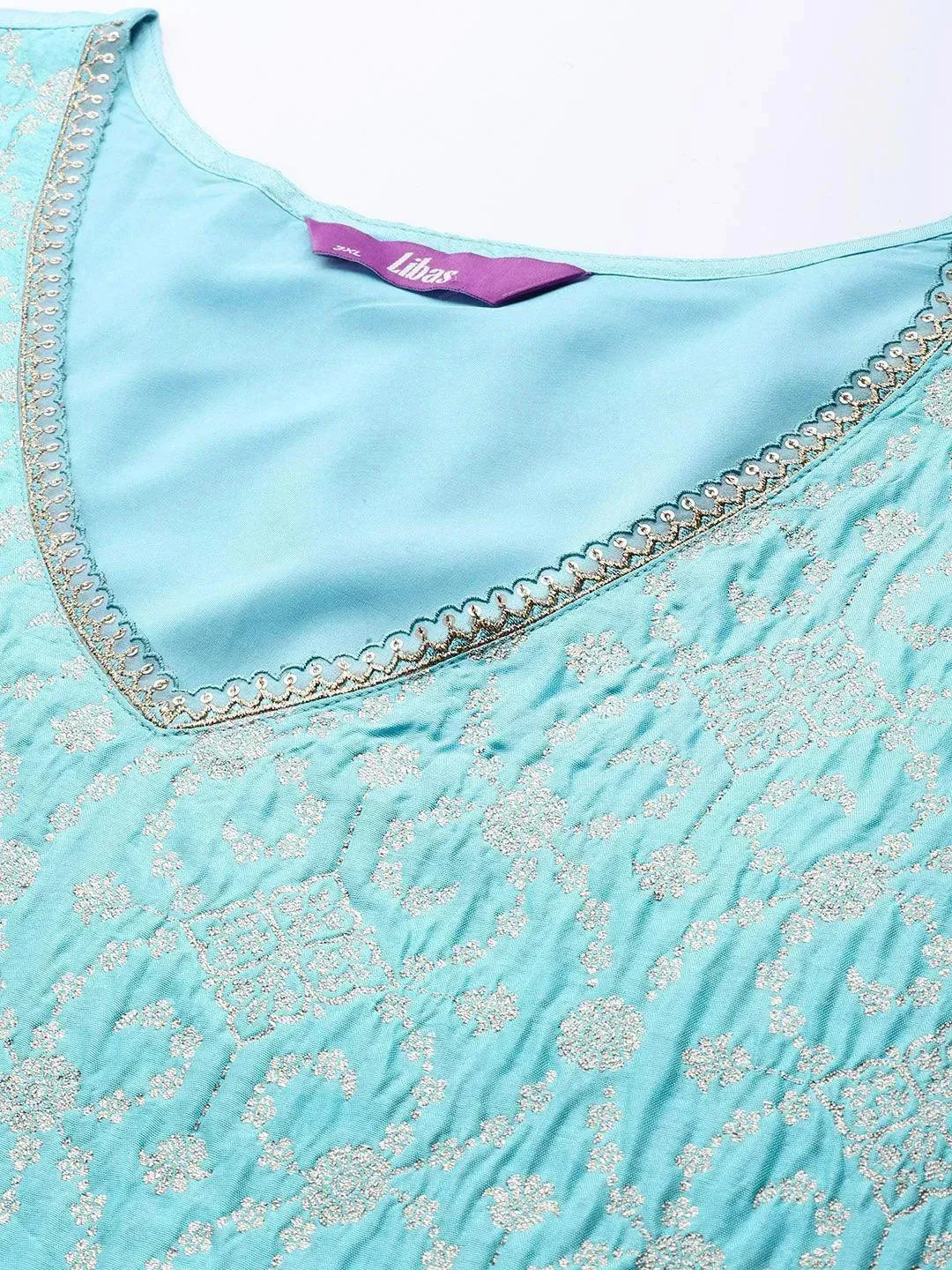 Plus Size Blue Woven Design Silk Blend Straight Kurta With Palazzos & Dupatta