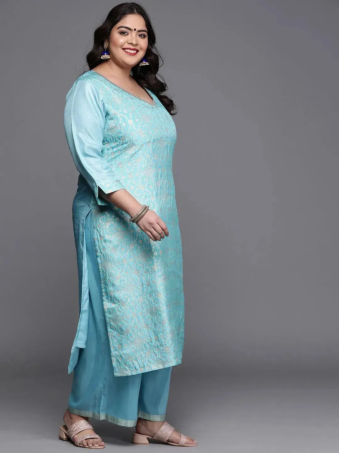 Plus Size Blue Woven Design Silk Blend Straight Kurta With Palazzos & Dupatta