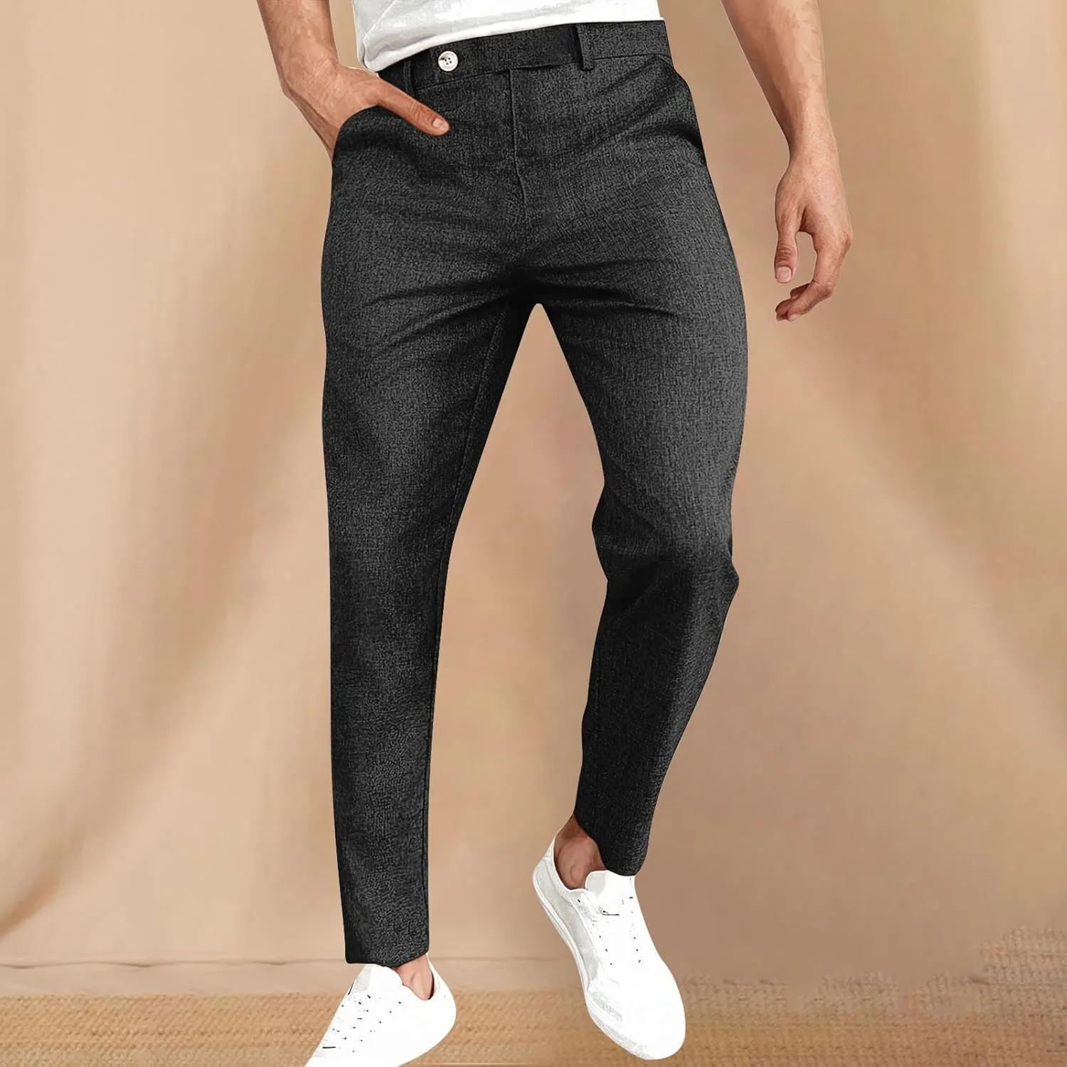 Plus Size Cotton Linen Pants Men's High Waist Tapered Leg Trousers with Pockets Casual Vintage Fashion Regular Pant