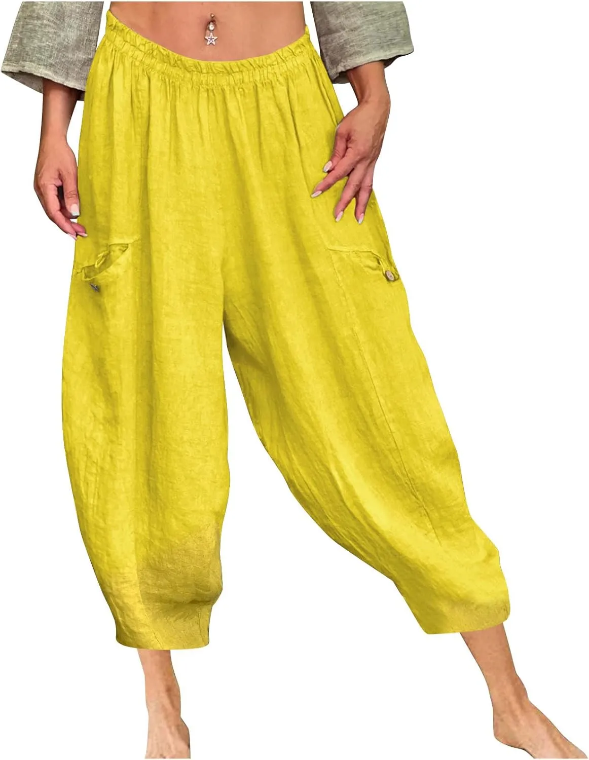 Plus Size Linen Pants for Women Elastic High Waisted Yoga Harem Pants Summer Casual Baggy Beach Comfy Capris 2025