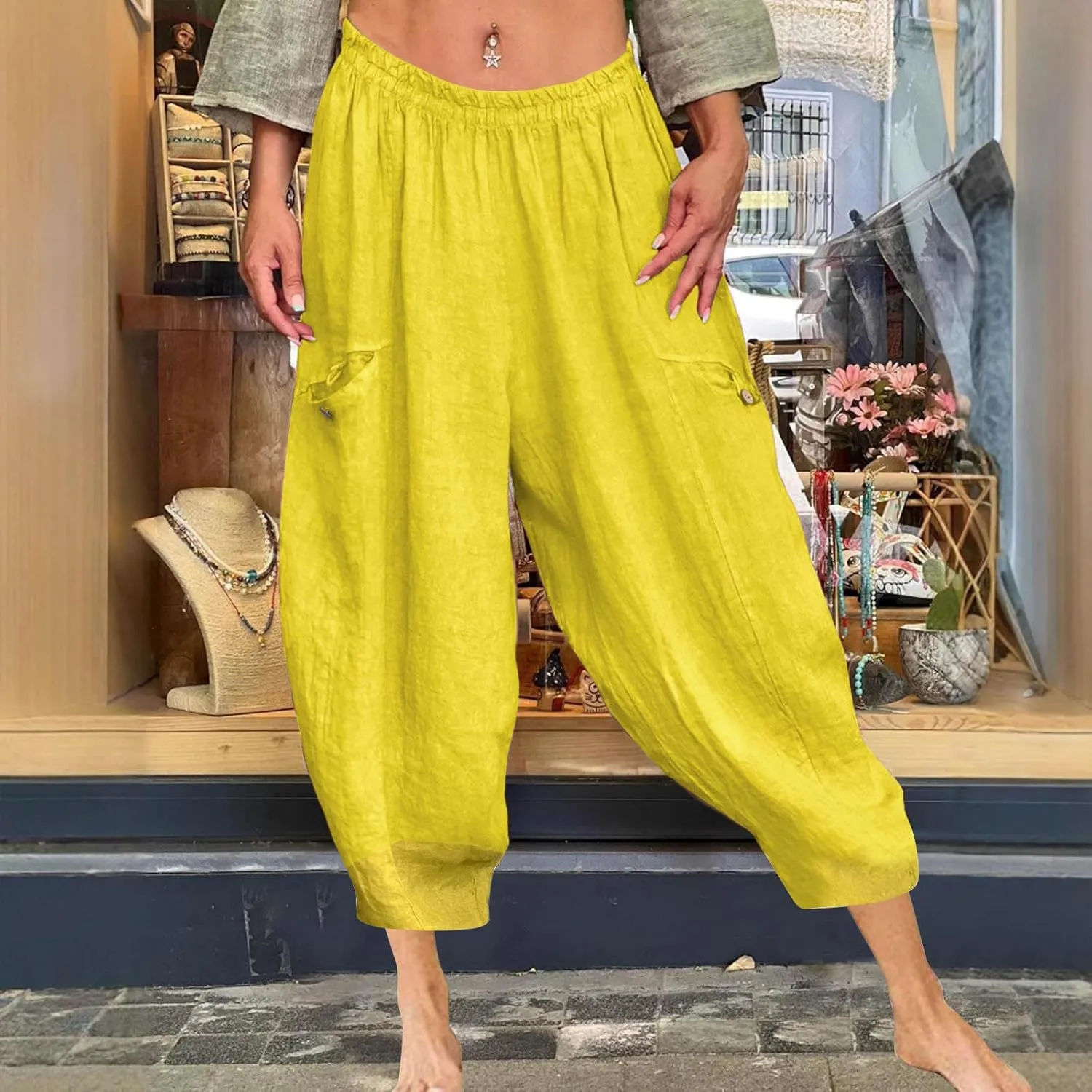 Plus Size Linen Pants for Women Elastic High Waisted Yoga Harem Pants Summer Casual Baggy Beach Comfy Capris 2025