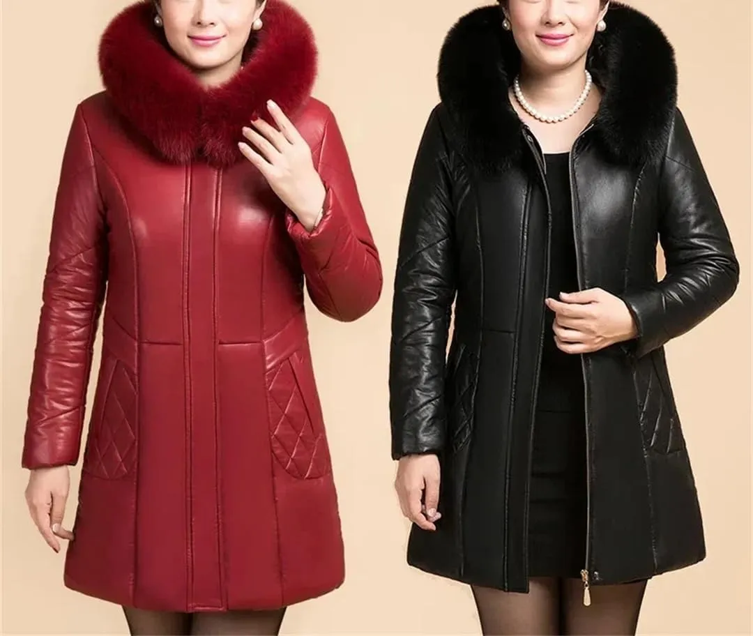 Plus Size PU Leather Jacket Womens Thicken Warm Winter Down Cotton Coats Long Hooded Cotton-Padded Outwear