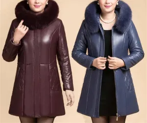 Plus Size PU Leather Jacket Womens Thicken Warm Winter Down Cotton Coats Long Hooded Cotton-Padded Outwear