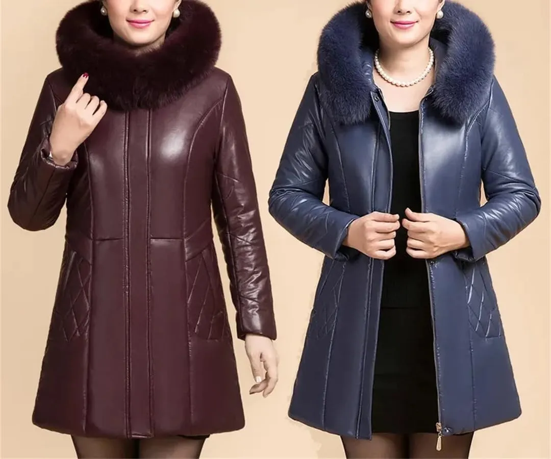 Plus Size PU Leather Jacket Womens Thicken Warm Winter Down Cotton Coats Long Hooded Cotton-Padded Outwear