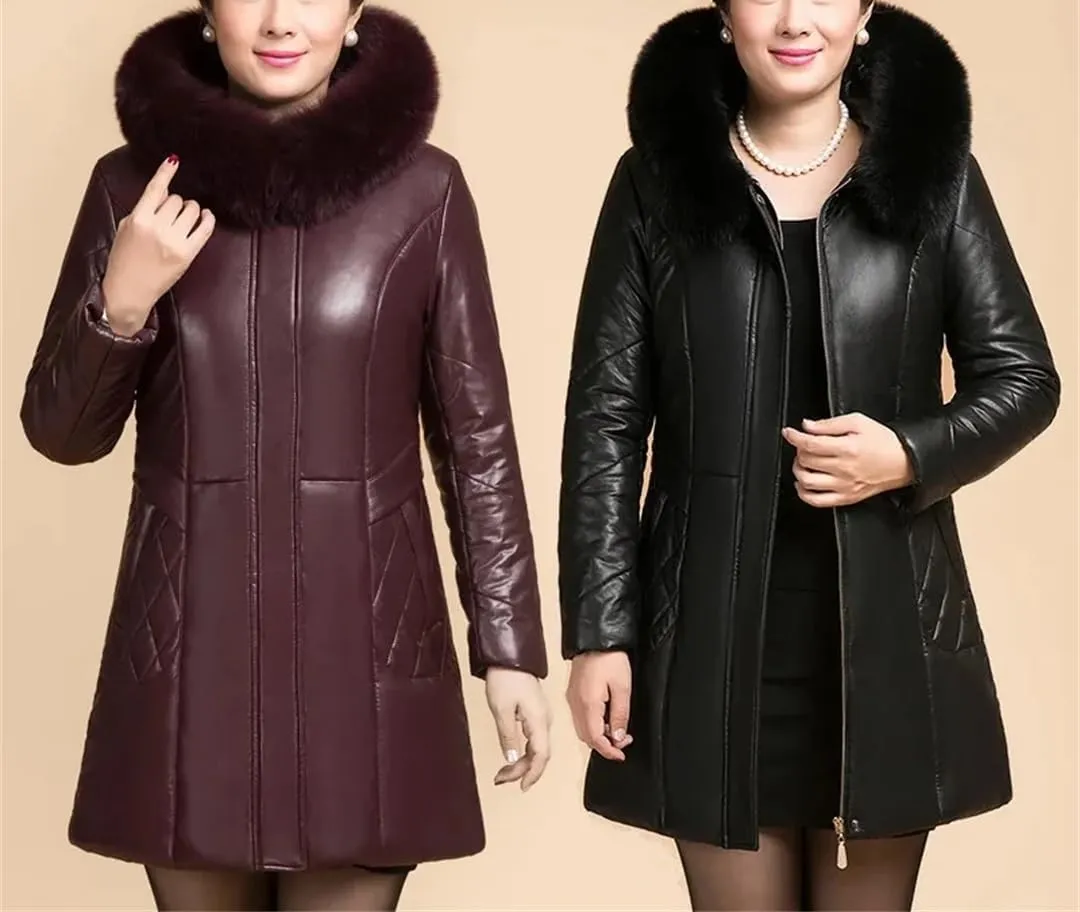 Plus Size PU Leather Jacket Womens Thicken Warm Winter Down Cotton Coats Long Hooded Cotton-Padded Outwear
