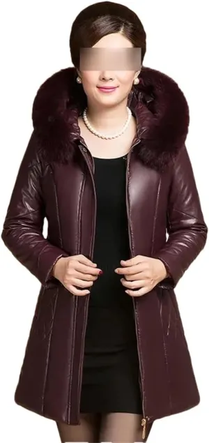 Plus Size PU Leather Jacket Womens Thicken Warm Winter Down Cotton Coats Long Hooded Cotton-Padded Outwear