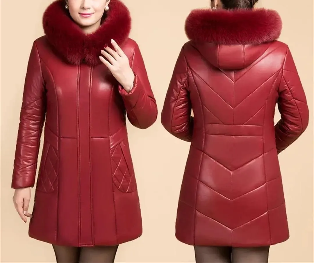 Plus Size PU Leather Jacket Womens Thicken Warm Winter Down Cotton Coats Long Hooded Cotton-Padded Outwear